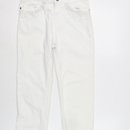 Per Una Womens White Cotton Blend Cropped Jeans Size 8 L21 in Regular Zip - Beaded detail to pockets.