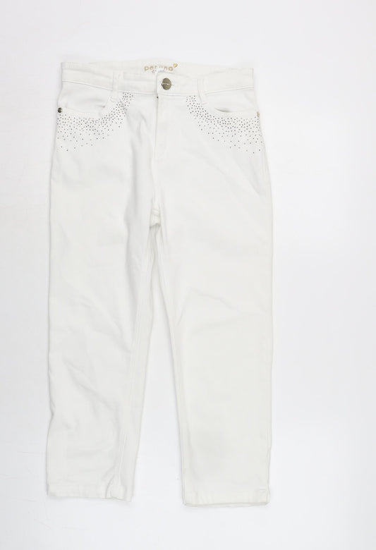 Per Una Womens White Cotton Blend Cropped Jeans Size 8 L21 in Regular Zip - Beaded detail to pockets.