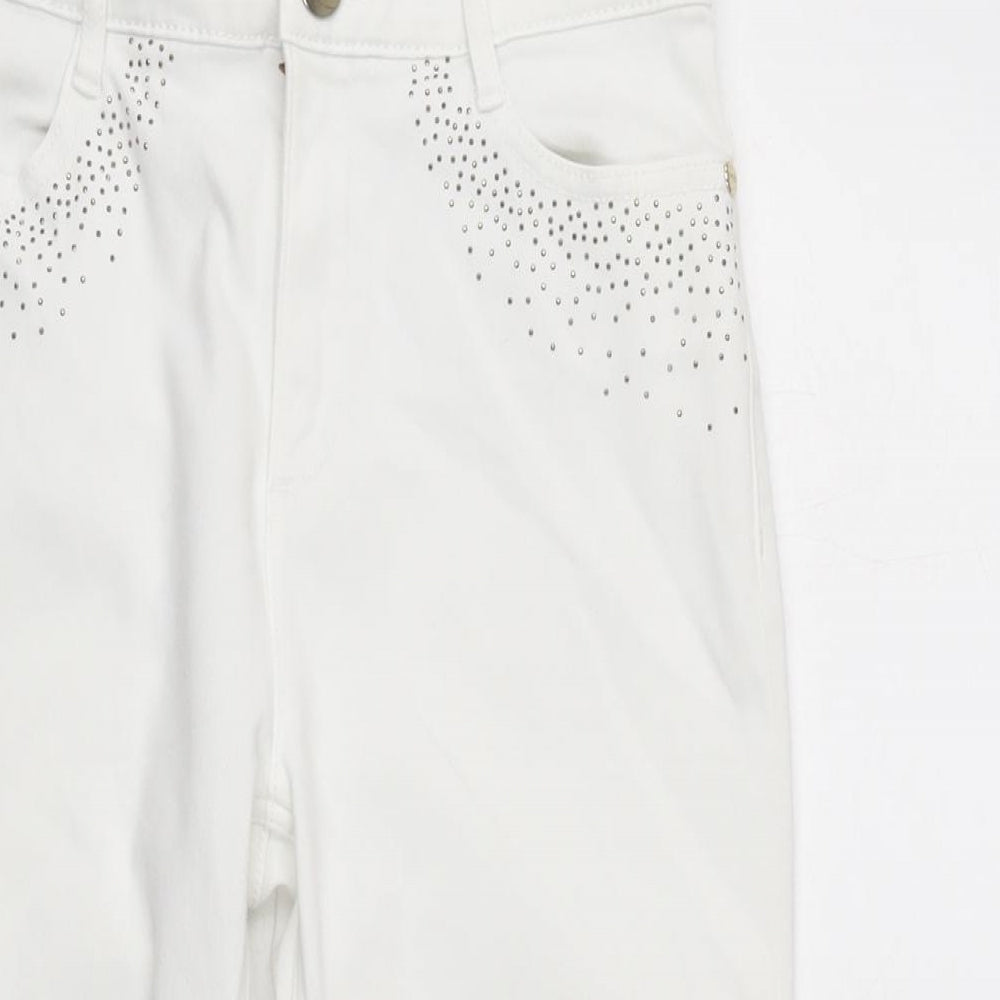 Per Una Womens White Cotton Blend Cropped Jeans Size 8 L21 in Regular Zip - Beaded detail to pockets.