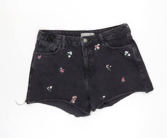 Denim & Co. Womens Grey Cotton Cut-Off Shorts Size 12 Regular Zip - Embroidery Detail, Denim.