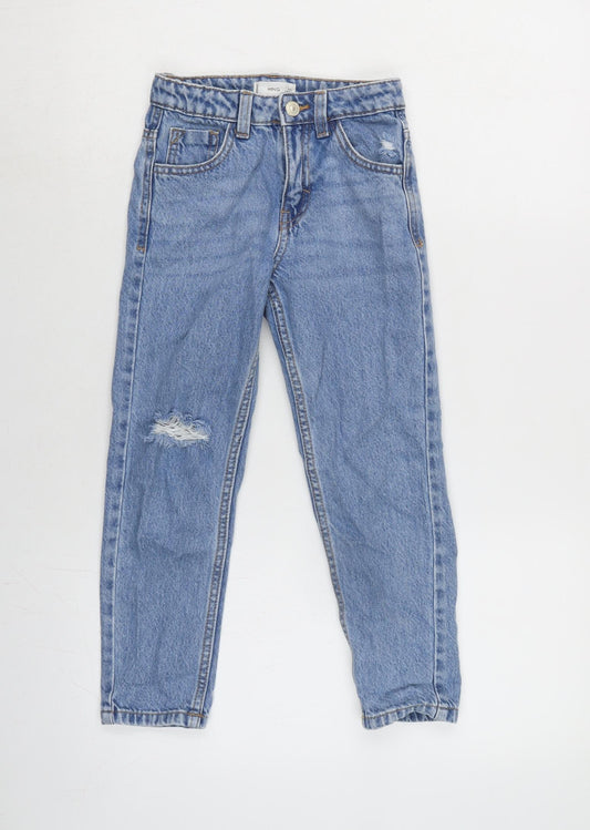 MNG Kids Boys Blue Cotton Straight Jeans Size 6-7 Years L20 in Regular Zip - Distressed.