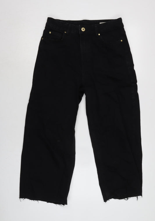 Marks and Spencer Womens Black Cotton Blend Wide-Leg Jeans Size 10 L22 in Regular Zip