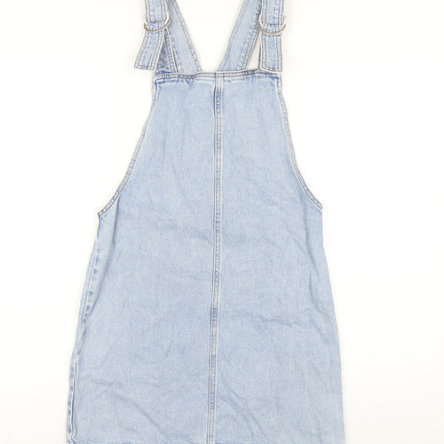 Topshop Womens Blue Cotton Pinafore/Dungaree Dress Size 8 Square Neck Buckle