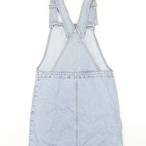 Topshop Womens Blue Cotton Pinafore/Dungaree Dress Size 8 Square Neck Buckle