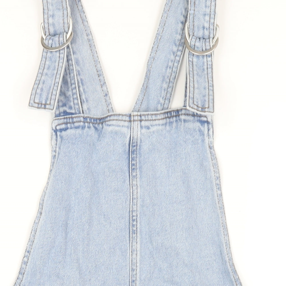 Topshop Womens Blue Cotton Pinafore/Dungaree Dress Size 8 Square Neck Buckle