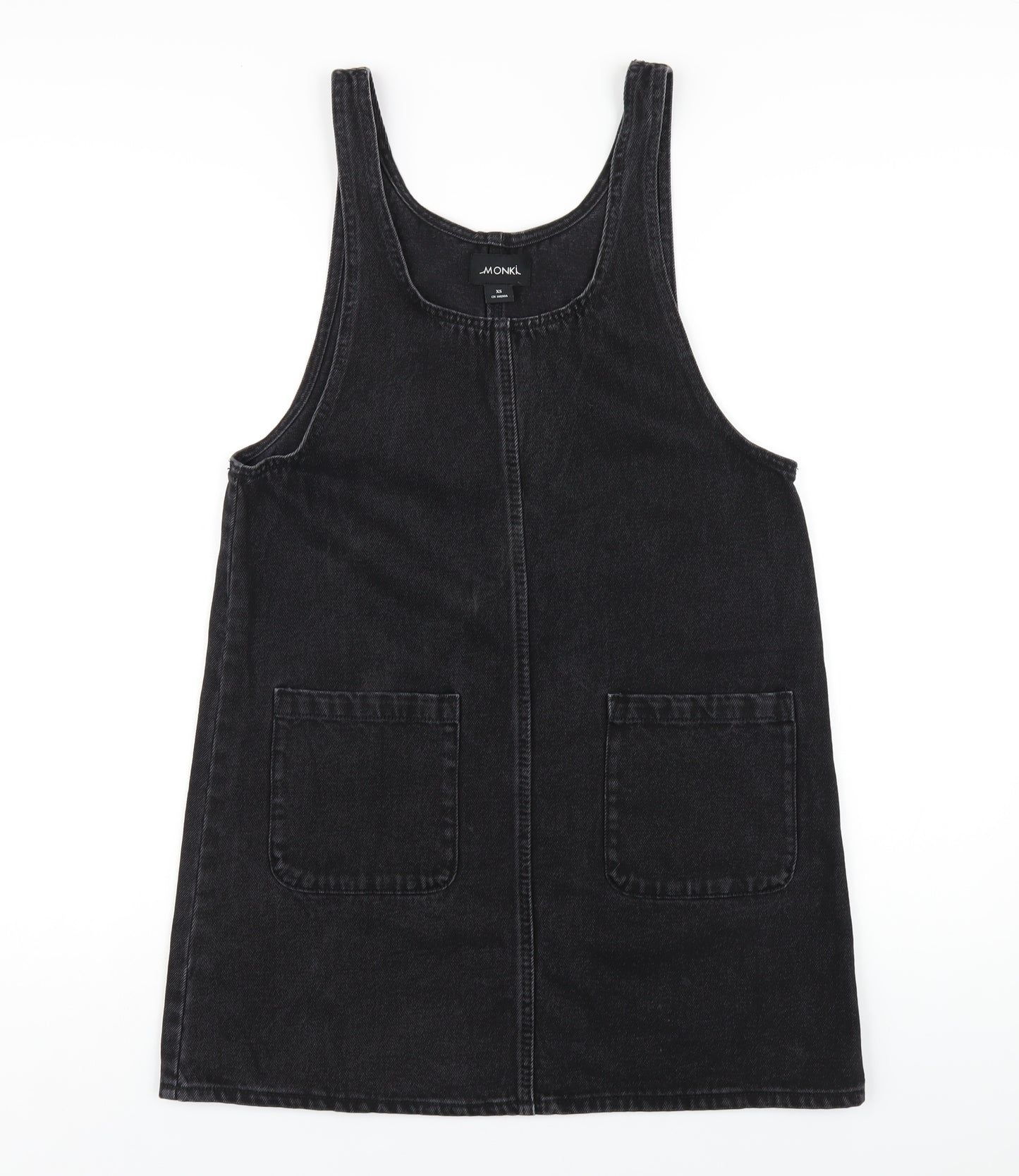 Monki Womens Black Cotton Pinafore/Dungaree Dress Size XS Scoop Neck Pullover