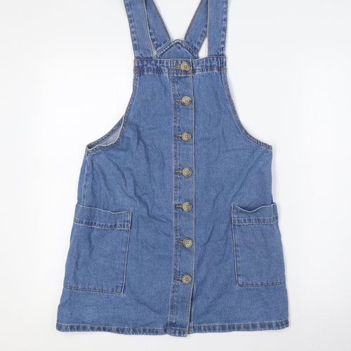 PEP&CO Womens Blue 100% Cotton Pinafore/Dungaree Dress Size 8 Square Neck Button - Pockets