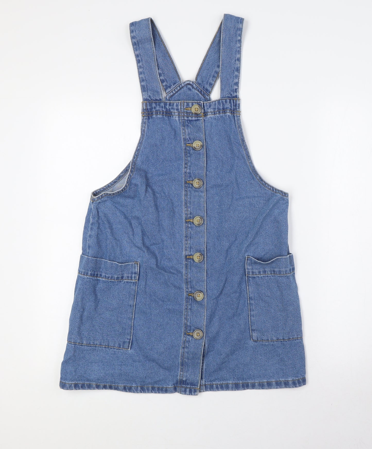 PEP&CO Womens Blue 100% Cotton Pinafore/Dungaree Dress Size 8 Square Neck Button - Pockets