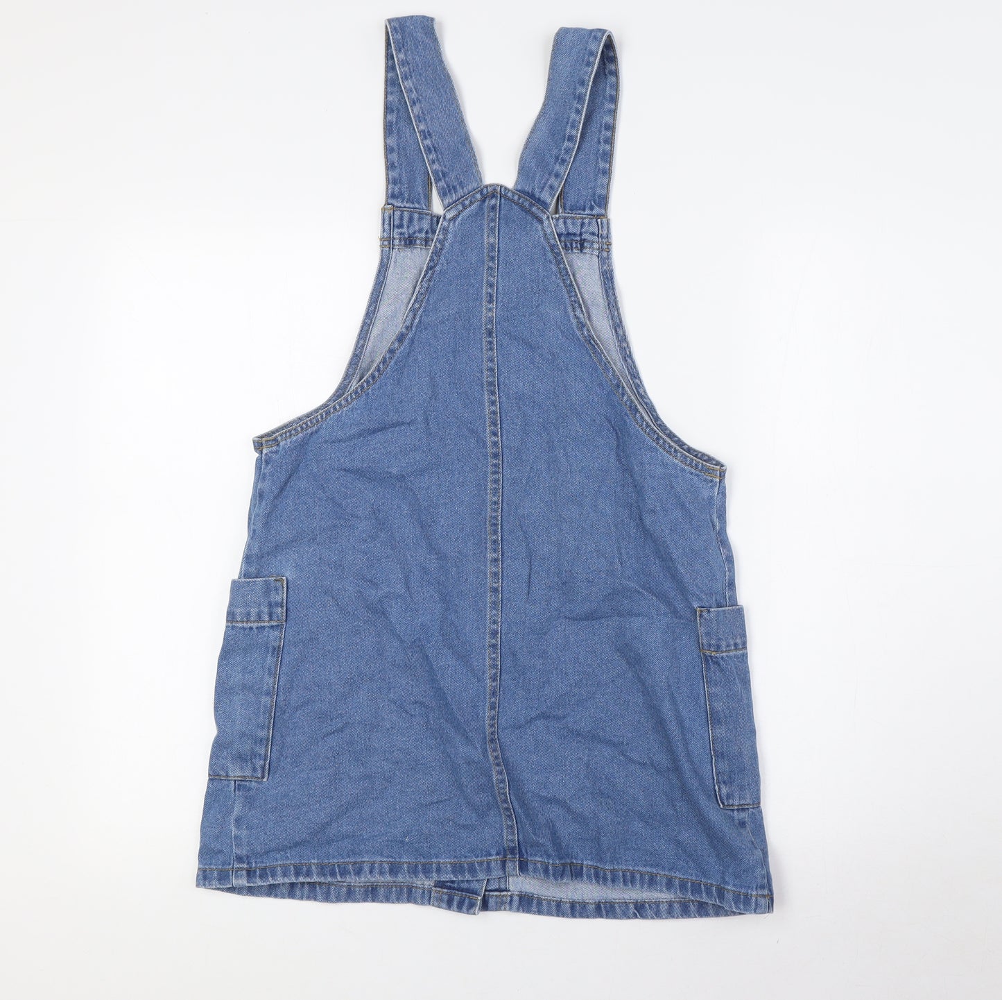 PEP&CO Womens Blue 100% Cotton Pinafore/Dungaree Dress Size 8 Square Neck Button - Pockets