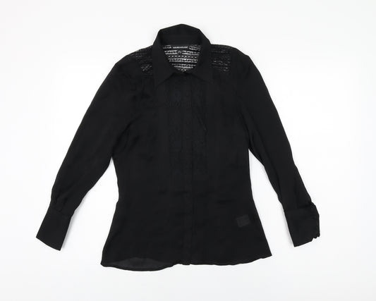 Warehouse Womens Black Silk Basic Button-Up Size 6 Collared