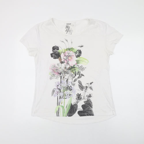 NEXT Womens White Floral Polyester Basic T-Shirt Size 14 Round Neck