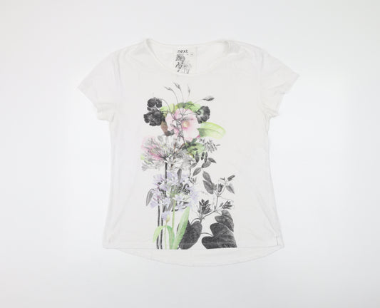 NEXT Womens White Floral Polyester Basic T-Shirt Size 14 Round Neck