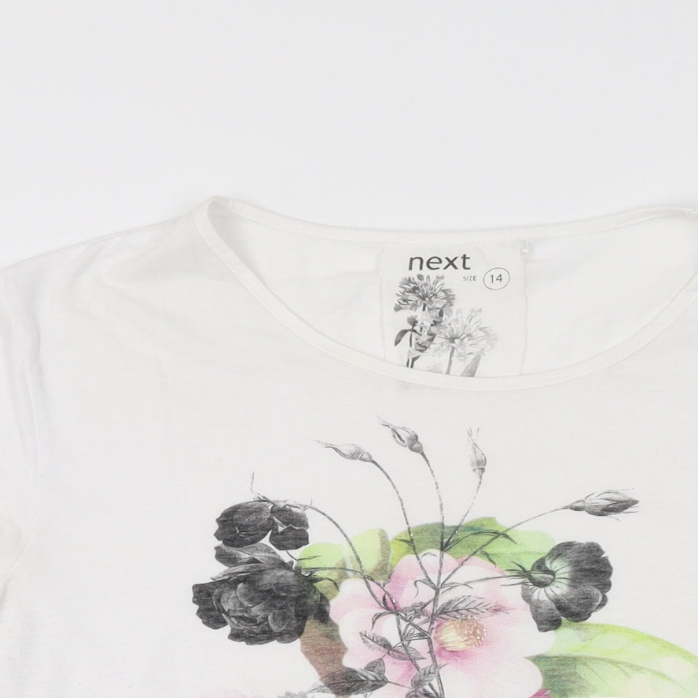 NEXT Womens White Floral Polyester Basic T-Shirt Size 14 Round Neck