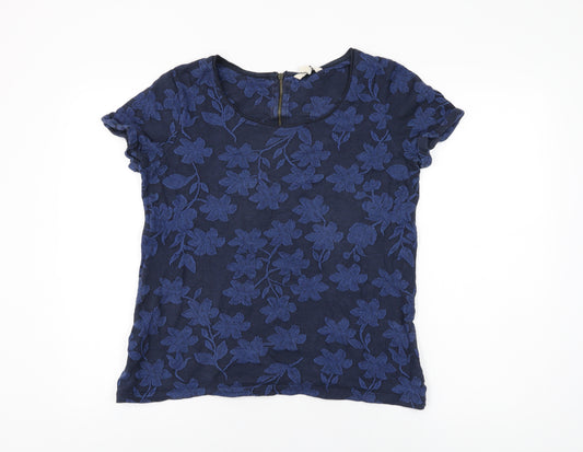 Fat Face Womens Blue Floral Cotton Basic T-Shirt Size 14 Round Neck