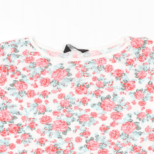 Dorothy Perkins Womens White Floral Cotton Basic T-Shirt Size 16 Round Neck