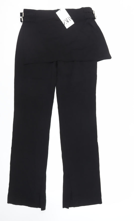 Zara Womens Black Viscose Trousers Size L L32 in Regular Buckle - Skirt Overlay