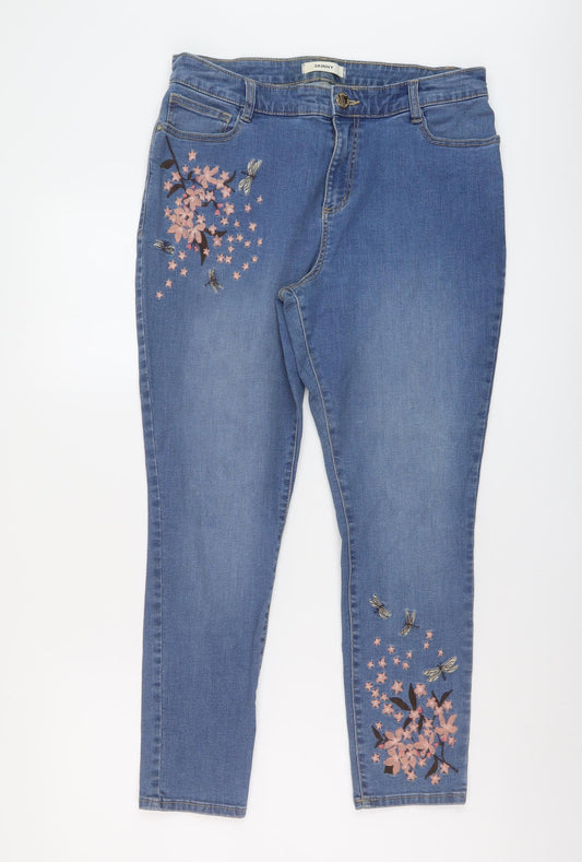 Marks and Spencer Womens Blue Floral Cotton Skinny Jeans Size 14 L25 in Regular Button