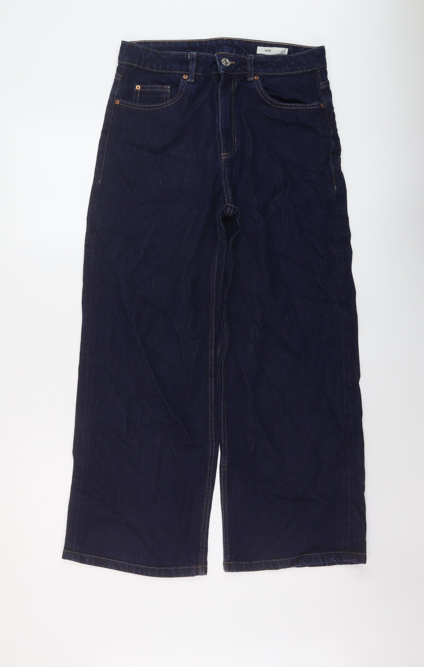 Marks and Spencer Womens Blue Cotton Wide-Leg Jeans Size 12 L32 in Regular Button