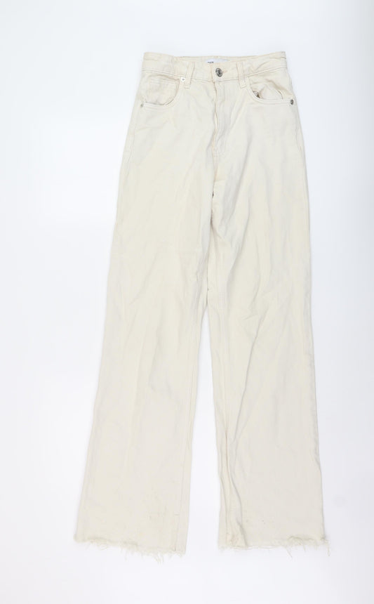 Zara Womens Beige Cotton Wide-Leg Jeans Size 6 L31 in Regular Button