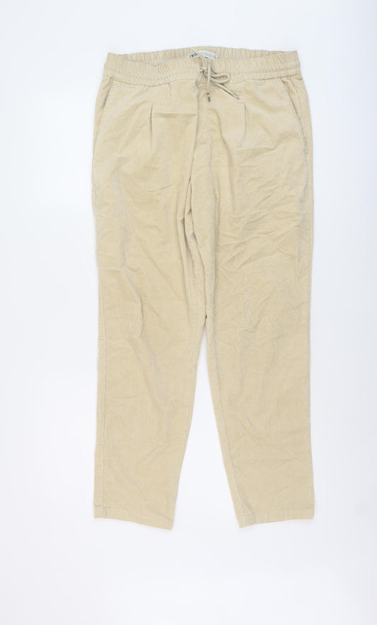 Zara Womens Beige Cotton Trousers Size M L27 in Regular Drawstring