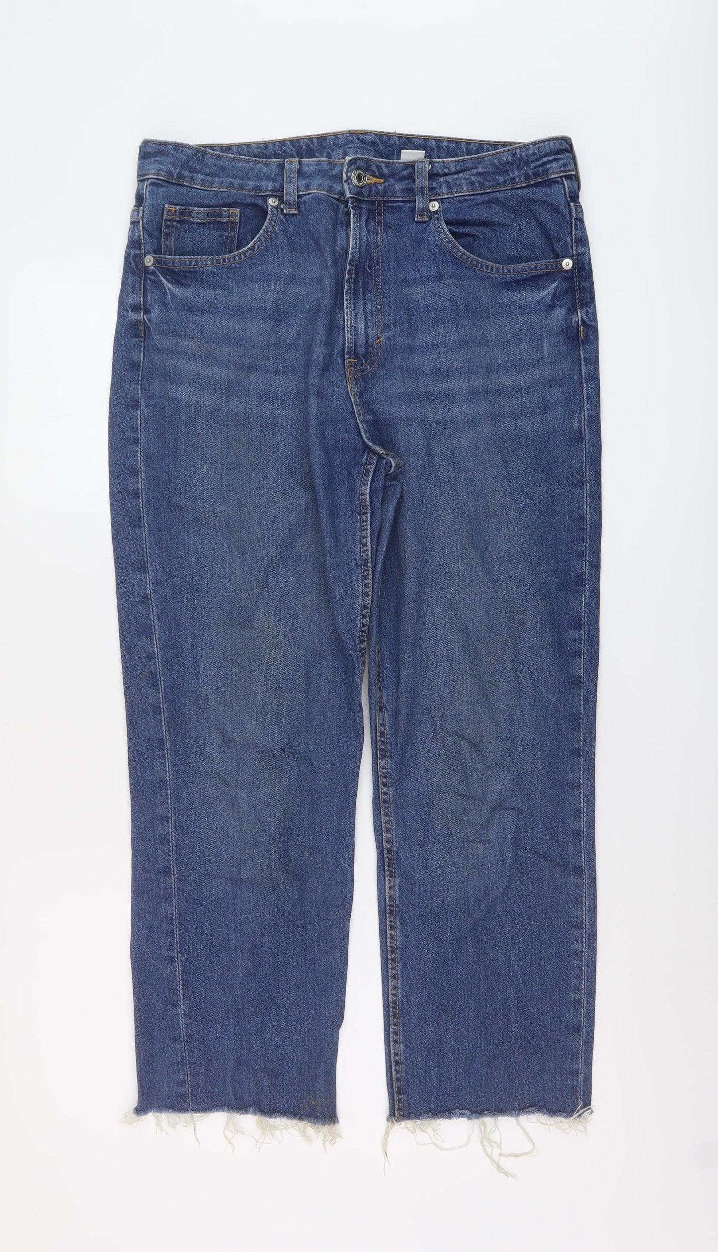 H&M Womens Blue Cotton Straight Jeans Size 14 L25 in Regular Button - Vintage