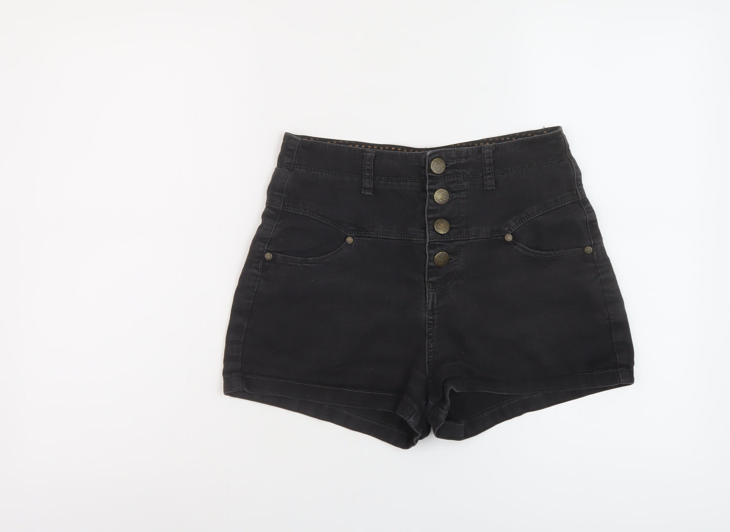 Denim & Co. Womens Black Cotton Hot Pants Shorts Size 12 L3 in Regular Button