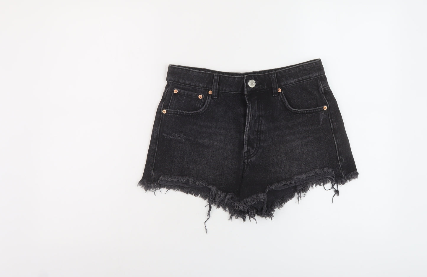 Zara Womens Black Cotton Hot Pants Shorts Size 8 L3 in Regular Button