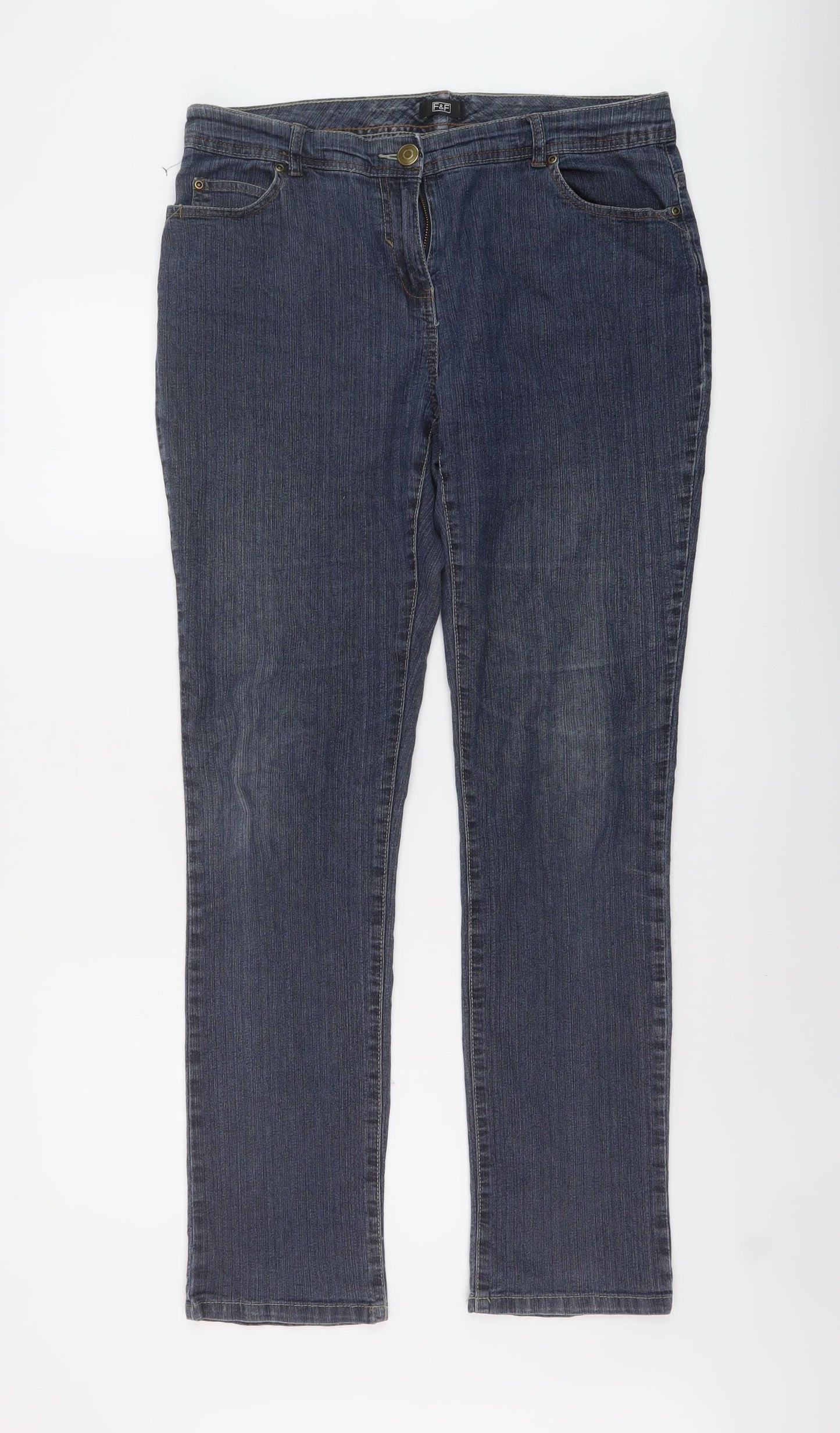 F&F Womens Blue Cotton Straight Jeans Size 16 L32 in Regular Button - Vintage