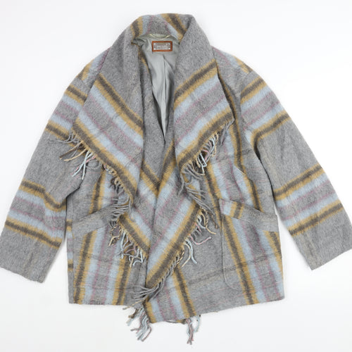 Per Una Womens Grey Check Overcoat Coat Size L Hook & Eye - Fringe Waterfall Front