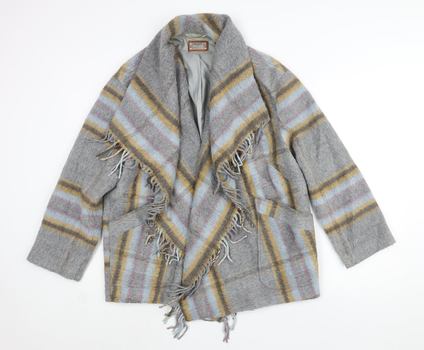 Per Una Womens Grey Check Overcoat Coat Size L Hook & Eye - Fringe Waterfall Front