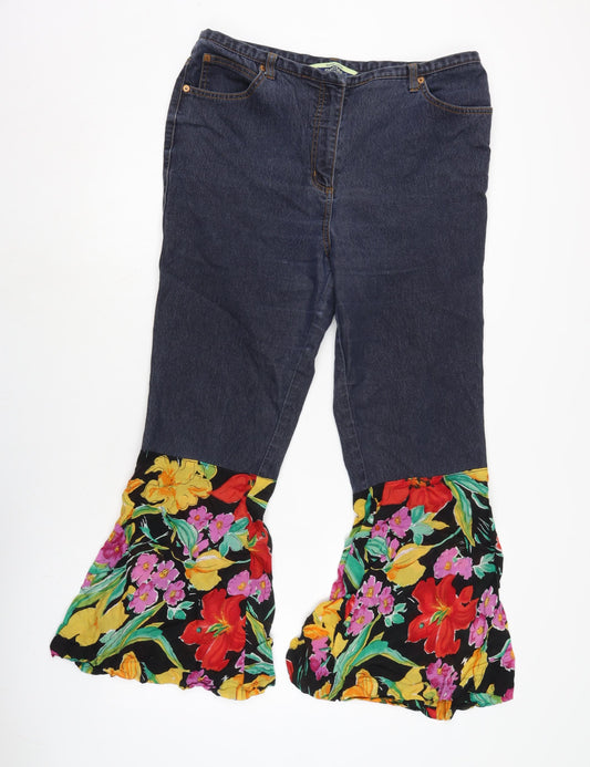 Dorothy Perkins Womens Blue Floral Cotton Blend Flared Jeans Size 16 L27 in Regular Zip