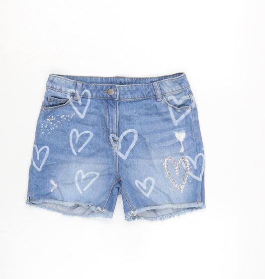 NEXT Girls Blue Cotton Cut-Off Shorts Size 11 Years Regular Zip - Distressed- Gemstone detail.