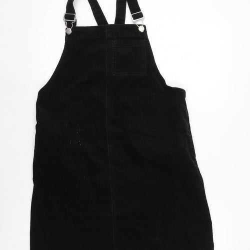 TU Womens Black Cotton Pinafore/Dungaree Dress Size 12 Square Neck Snap