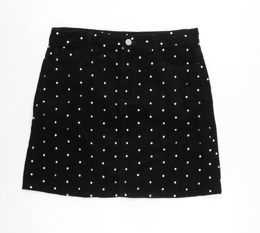 TU Womens Black Cotton A-Line Skirt Size 12 Zip - Spotted.