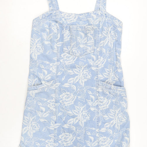 Topshop Womens Blue Cotton Pinafore/Dungaree Dress Size 12 Square Neck Zip