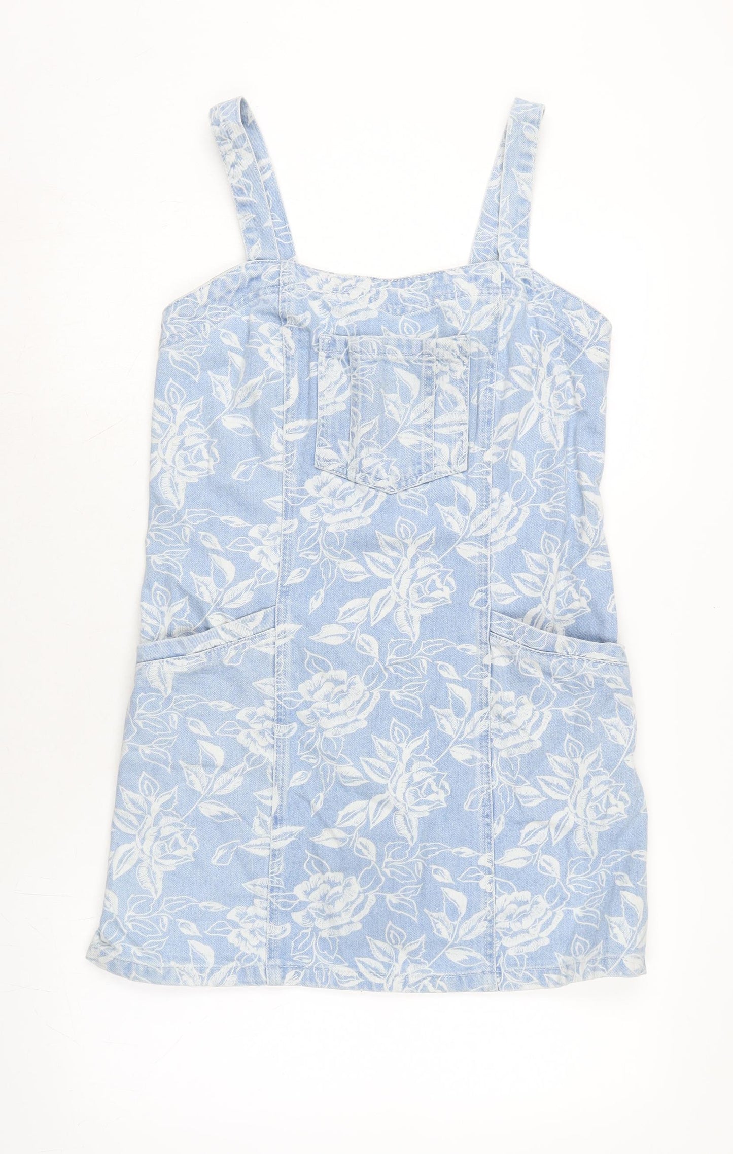 Topshop Womens Blue Cotton Pinafore/Dungaree Dress Size 12 Square Neck Zip