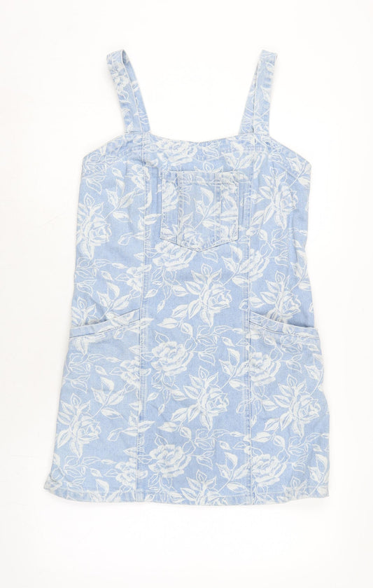 Topshop Womens Blue Cotton Pinafore/Dungaree Dress Size 12 Square Neck Zip