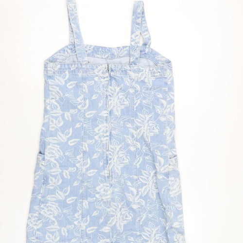 Topshop Womens Blue Cotton Pinafore/Dungaree Dress Size 12 Square Neck Zip