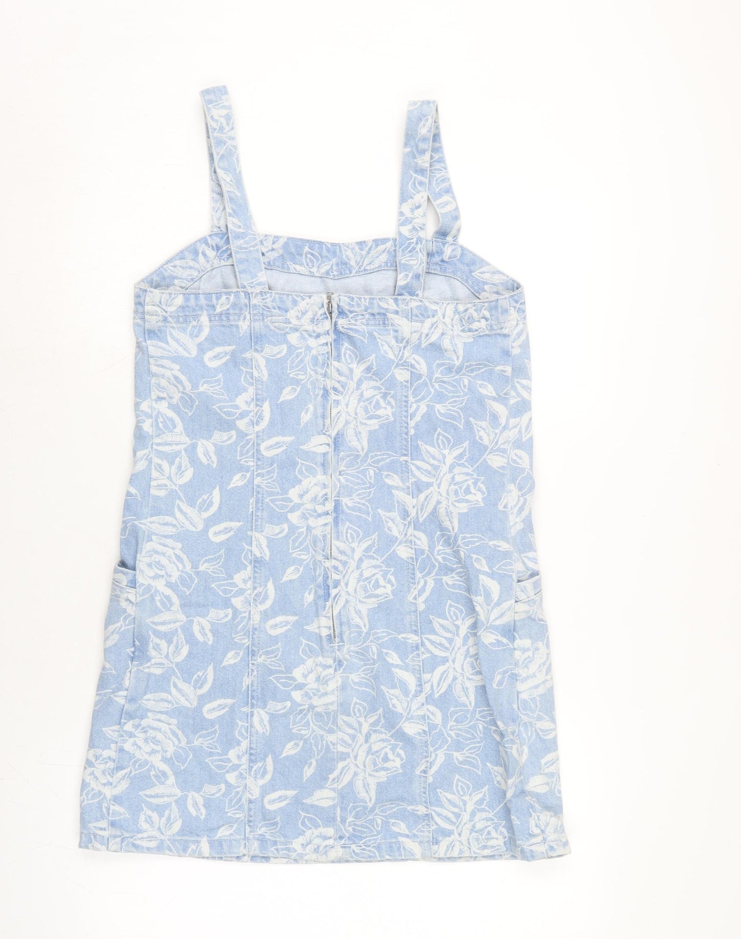 Topshop Womens Blue Cotton Pinafore/Dungaree Dress Size 12 Square Neck Zip