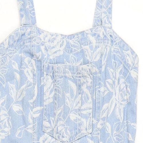 Topshop Womens Blue Cotton Pinafore/Dungaree Dress Size 12 Square Neck Zip