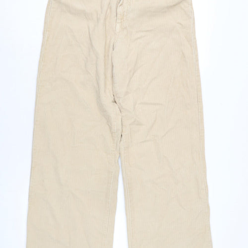 Stradivarius Womens Ivory Cotton Trousers Size 12 L28.5 in Regular Tie - Raw Hem