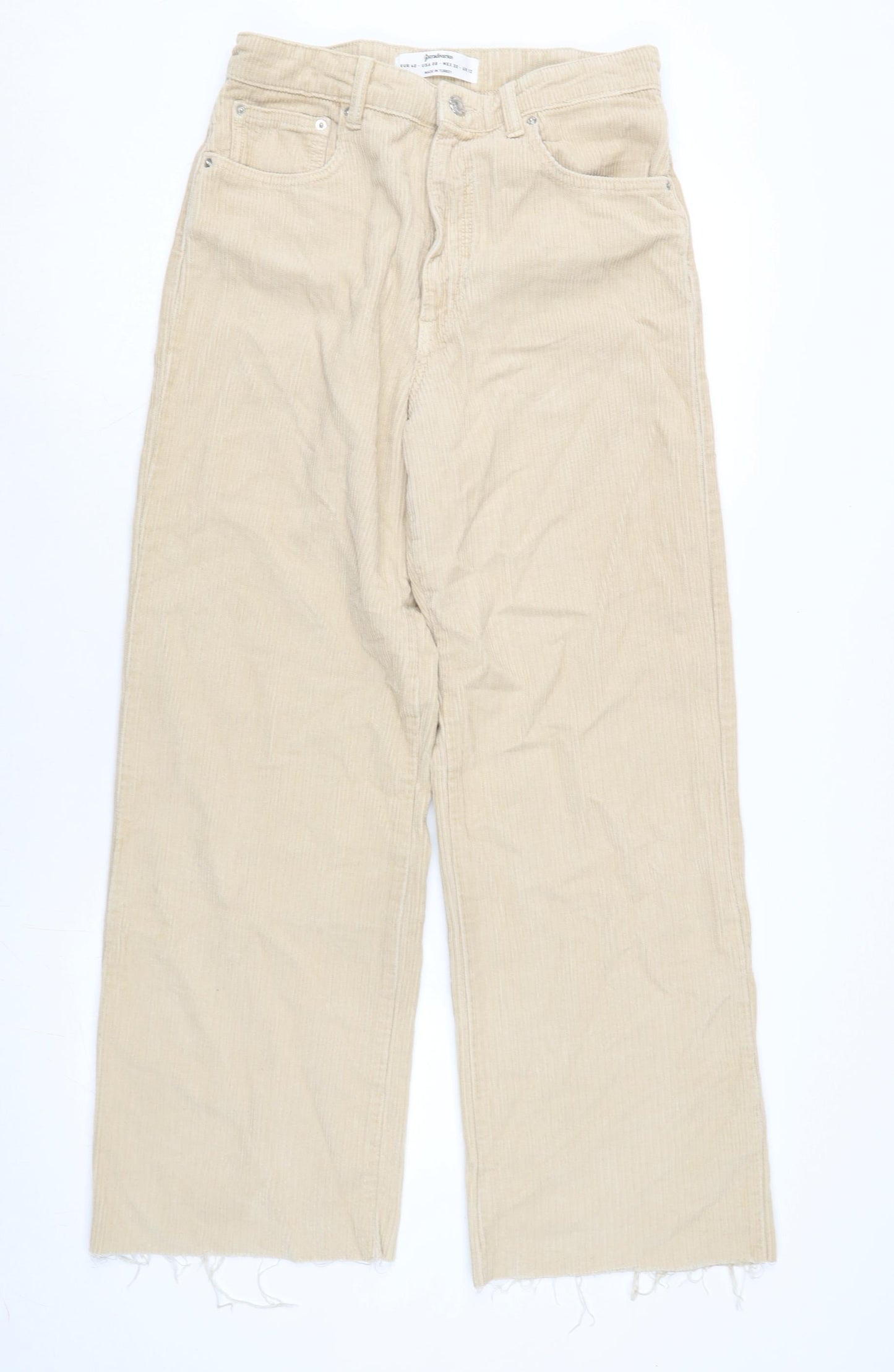 Stradivarius Womens Ivory Cotton Trousers Size 12 L28.5 in Regular Tie - Raw Hem