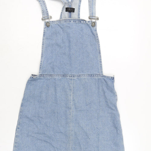 Topshop Womens Blue Cotton Pinafore/Dungaree Dress Size 10 Square Neck Zip - Adjustable Straps