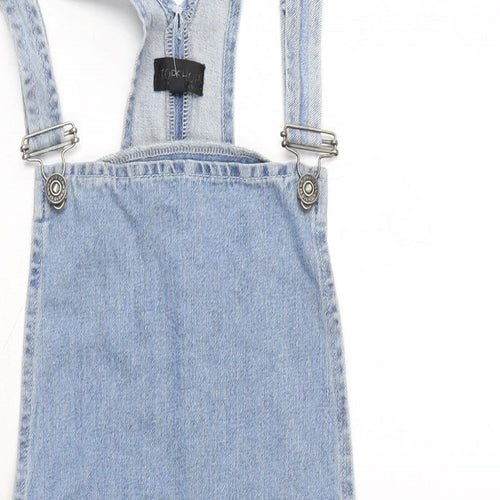 Topshop Womens Blue Cotton Pinafore/Dungaree Dress Size 10 Square Neck Zip - Adjustable Straps