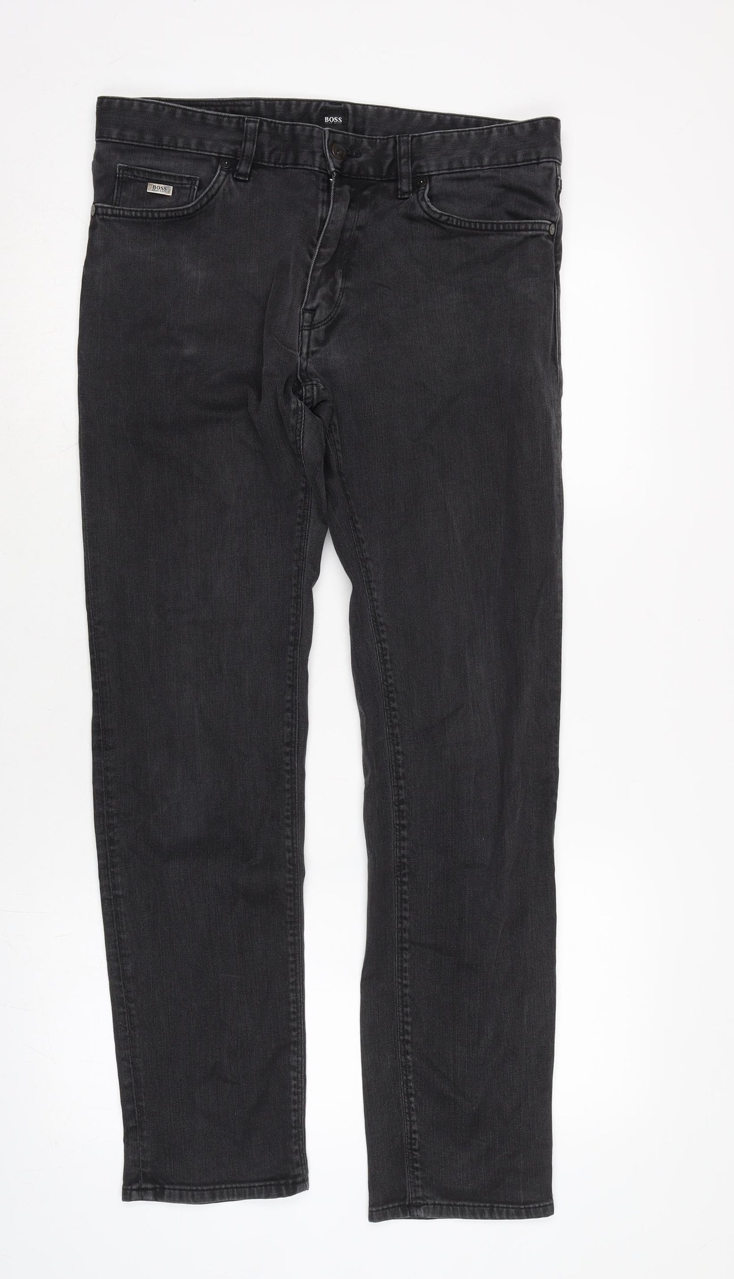 HUGO BOSS Mens Grey Cotton Blend Straight Jeans Size 32 in L31 in Regular Zip