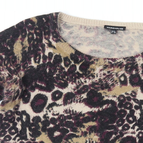 Warehouse Womens Purple Boat Neck Animal Print Nylon Pullover Jumper Size 8