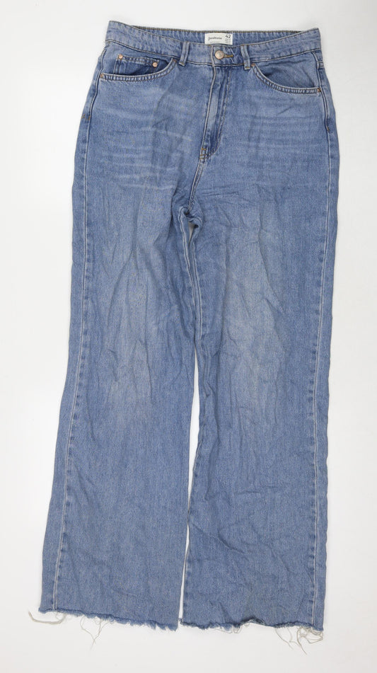 Stradivarius Womens Blue Polyester Blend Wide-Leg Jeans Size 14 L32 in Regular Zip