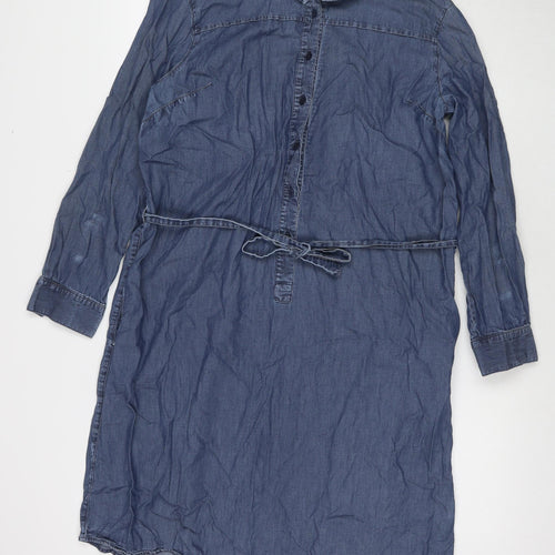 People Tree Womens Blue Cotton Shirt Dress Size 16 Collared Button