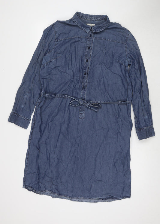 People Tree Womens Blue Cotton Shirt Dress Size 16 Collared Button