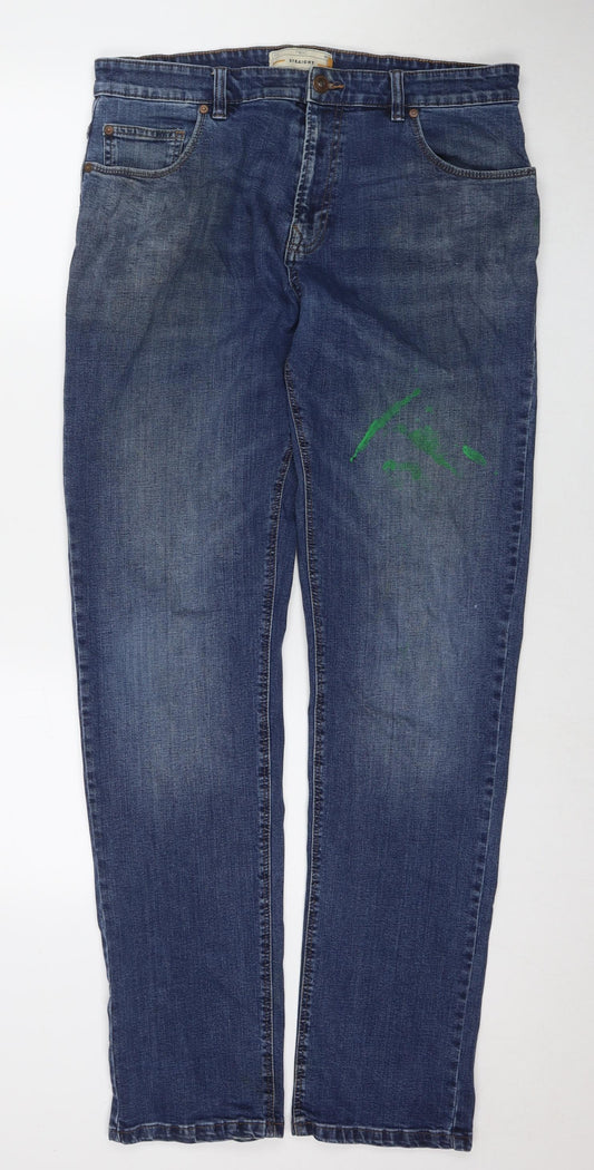 Marks and Spencer Mens Blue Cotton Straight Jeans Size 36 in L35 in Regular Zip